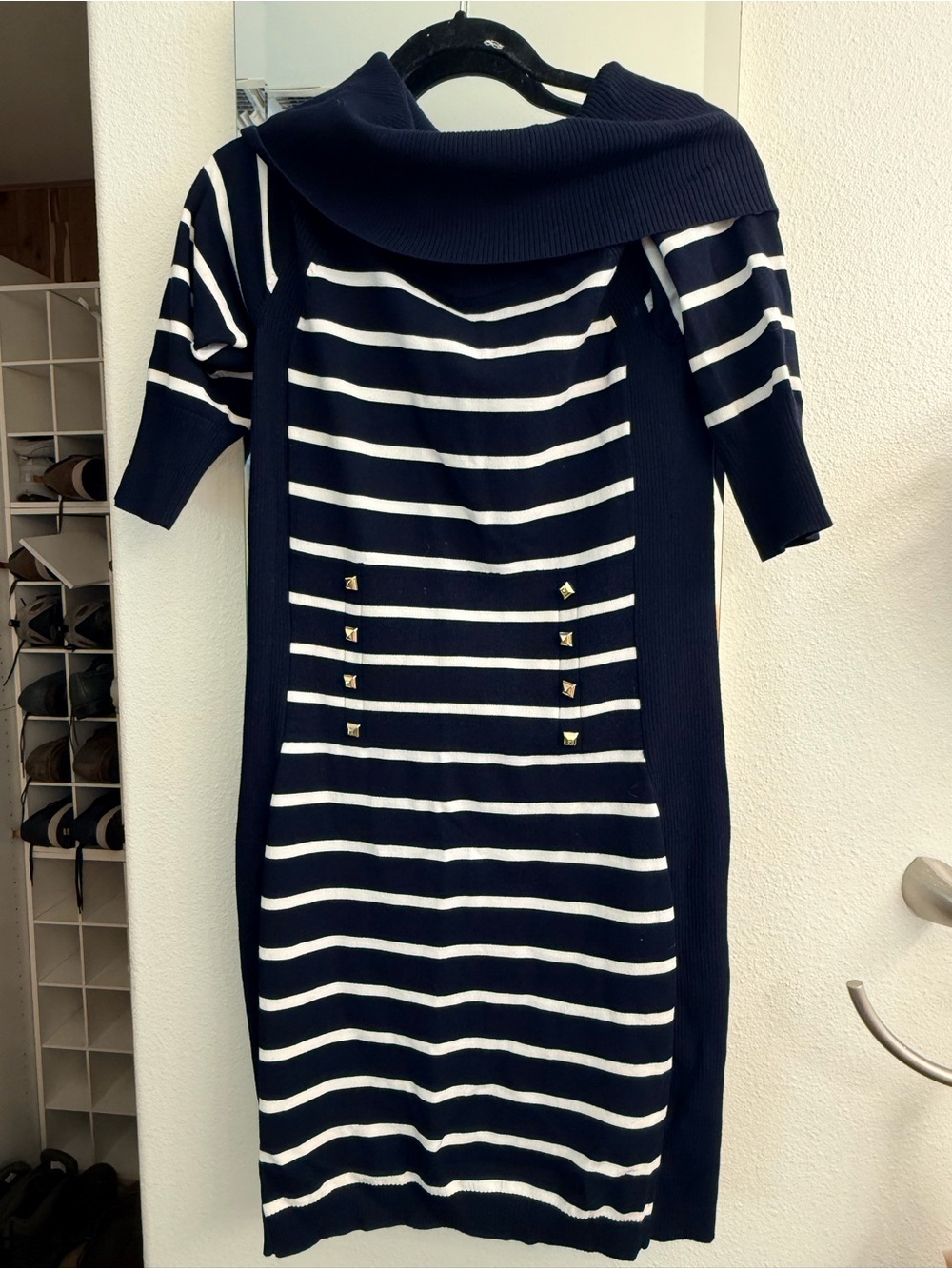 Navy & White Striped Knit Dress with Cowl Neck